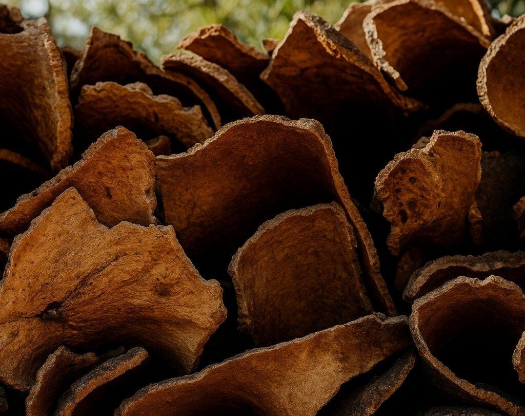 Nahaufnahme gestapelter, brauner, gebogener Baumrindenstücke, die der natürlichen Textur eines VIBRACORQ-Pads ähneln, mit einem unscharfen grünen Hintergrund.