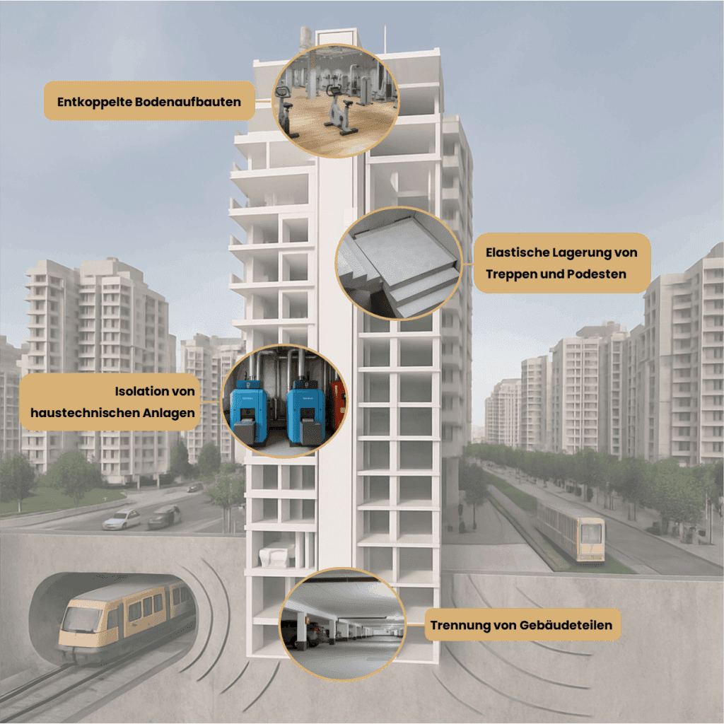 Querschnitt eines mehrstöckigen Gebäudes in der Nähe einer Bahnlinie, wobei in deutschsprachigen Beschriftungen strukturelle Elemente und Dämmmaßnahmen zur Reduzierung von Lärm und Vibrationen hervorgehoben werden.