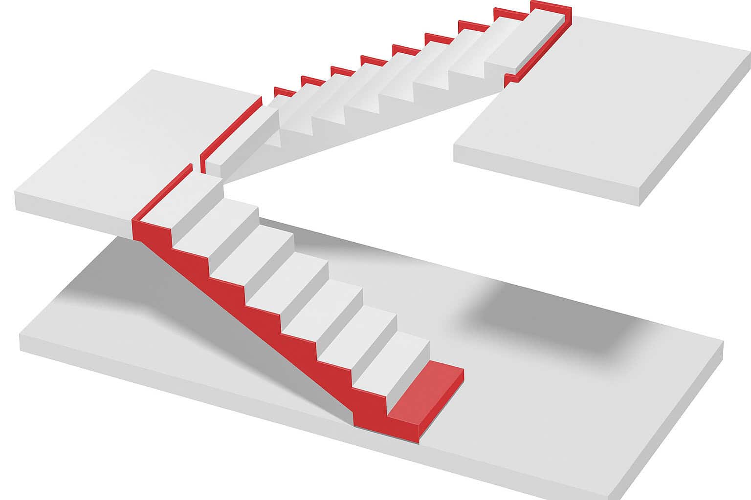 Eine Treppe mit roten Kanten in Elastomerlager-Treppe-Technik verbindet zwei weiße Plattformen, wobei die Stufen in einer unmöglichen, Escher-ähnlichen Struktur angeordnet sind.