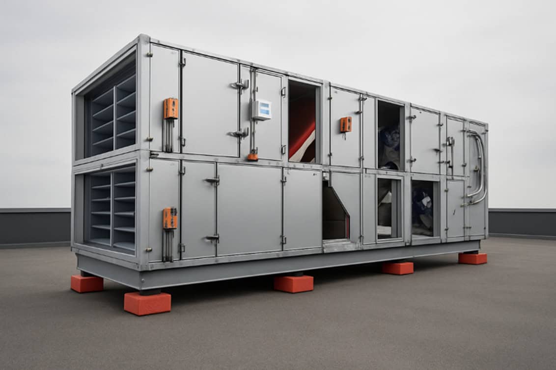 Eine große industrielle HVAC-Einheit steht auf roten Stützen auf einem flachen Dach unter einem bedeckten Himmel.