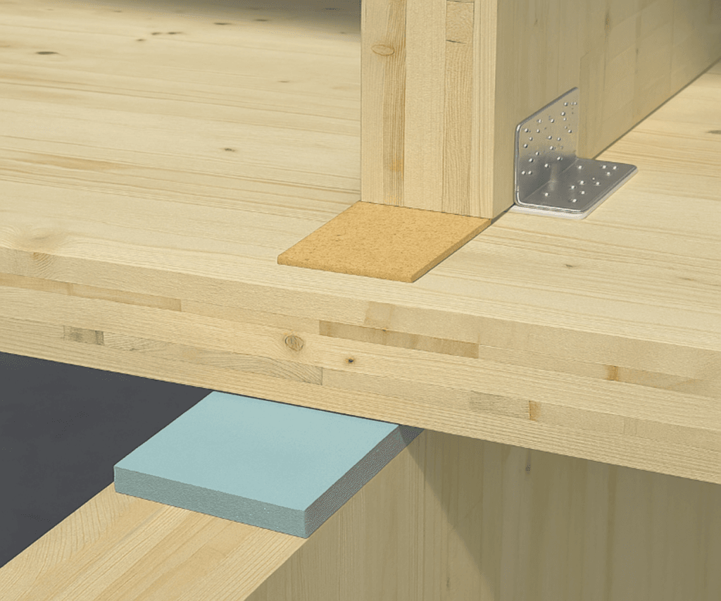 Nahaufnahme einer Holzstruktur mit einem Metallbügel und zwei rechteckigen Abstandshaltern - einem beigen und einem blauen -, die zwischen den Holzoberflächen positioniert sind und moderne Holzbautechniken demonstrieren.