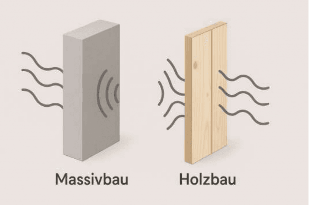 Eine Betonwand mit der Aufschrift Massivbau und eine Holzwand mit der Aufschrift Holzbau, die jeweils von Schallwellenlinien durchzogen sind, veranschaulichen die Bedeutung von Schallschutz und Nachhaltigkeit im modernen Bauen.