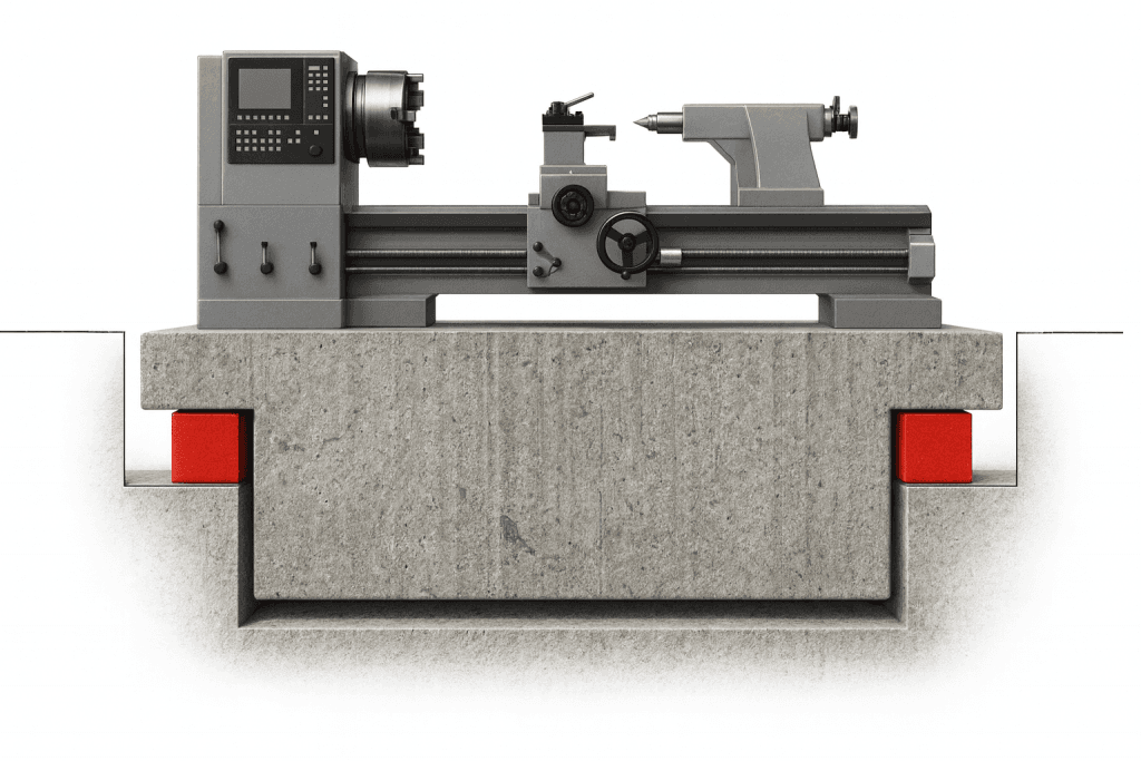 elastische Lagerung. Eine Metalldrehmaschine steht auf einem Betonfundament mit roten Schwingungsdämpfern an den Ecken.