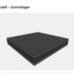 Ein 3D-Modell eines rechteckigen Gummilagers mit dunklen Flächen und helleren Rändern, dargestellt auf einem hellen Hintergrund.