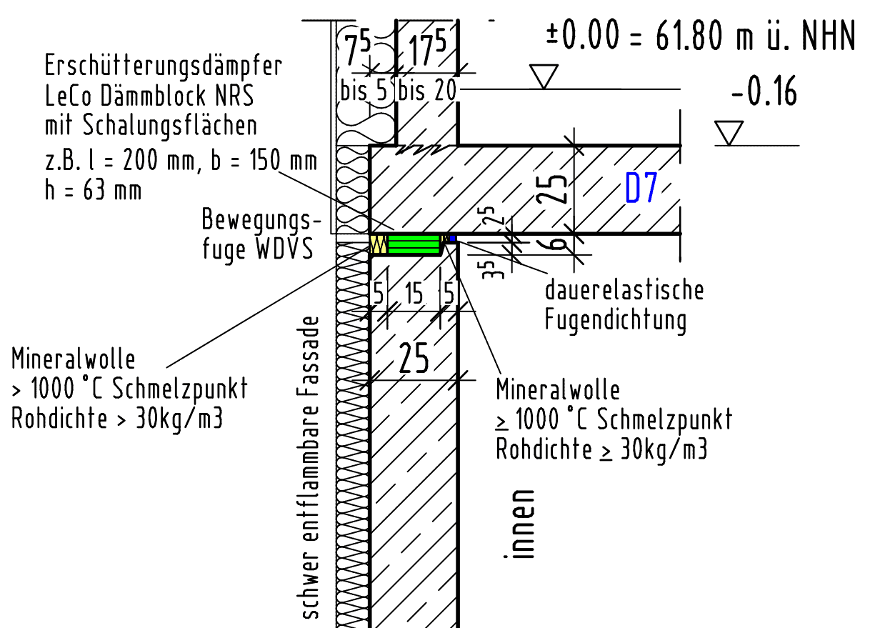 Technischer Zeichnungsausschnitt einer Elastische Gebäudelagerung mit Darstellung von Dämmschichten, Abmessungen, Materialangaben und Konstruktionshinweisen in deutscher Sprache, mit Schwerpunkt auf elastischer Gebäudelagerung zum optimalen Schutz gegen Erschütterungen.