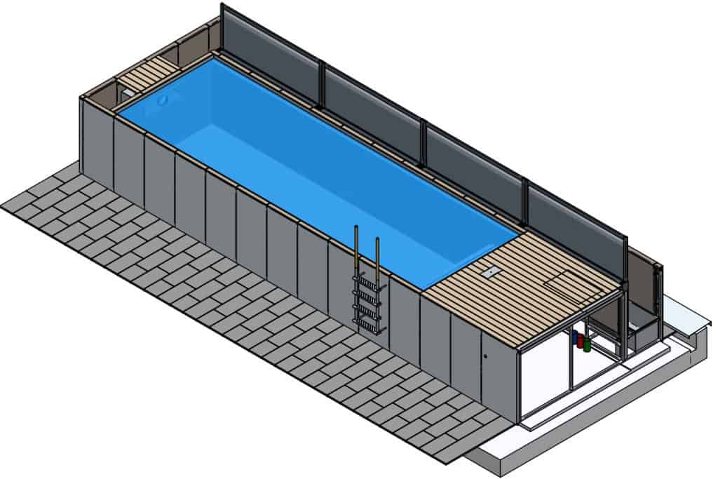 Sondernutzungen und Komfortbereiche Isometrisches Rendering eines rechteckigen oberirdischen Swimmingpools mit elastischer Entkopplung zur Minimierung von Erschütterungen und Reduzierung von Körperschall für eine ruhigere Umgebung.
