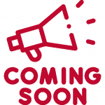 Roter Umriss eines Megaphons mit Tonlinien über den Worten COMING SOON in fetten Großbuchstaben auf hellem Hintergrund.