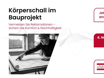 Ein älterer Mann mit Brille und Hut prüft an einem Tisch Baupläne; der Text behandelt Körperschall bei Bauprojekten und betont die Rolle der Anwendungstechnik für wirksame Lärmschutzlösungen.