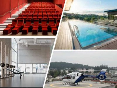 Sondernutzungen und Komfortbereiche, Außenpool, ein modernes Fitnessstudio mit Geräten und einen Hubschrauber auf einem Hubschrauberlandeplatz auf dem Dach zeigt - mit Betonung auf elastische Gebäudelagerung für reduzierte Erschütterungen und minimierten Körperschall in den Räumen.