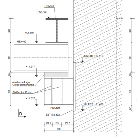 Technische Architekturschnittzeichnung mit Stahlträgern (HEA340, HEA400), Stahl- und Industriebauten, Dämmung und konstruktiven Details für einen Wand- und Bodenanschluss mit Überlegungen zu Körperschall und elastischer Gebäudelagerung.