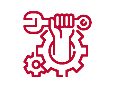 Ein roter Umriss einer Hand, die einen Schraubenschlüssel hält, befindet sich in der Mitte eines großen Zahnrads, das Anwendungstechnik symbolisiert, mit einem kleineren Zahnrad in der unteren linken Ecke, alles auf einem weißen Hintergrund.